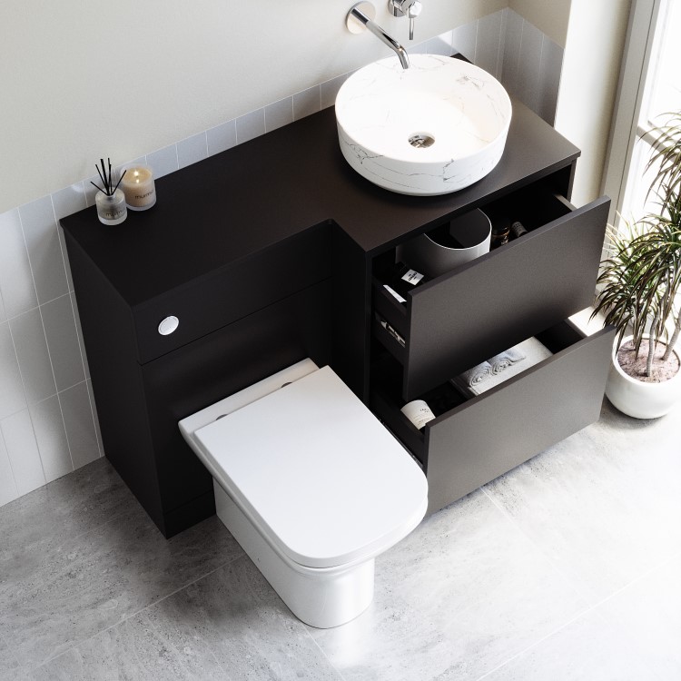 1100mm Black Right Hand Toilet and Sink Unit with Marble Countertop Basin and Chrome Push Button - Palma