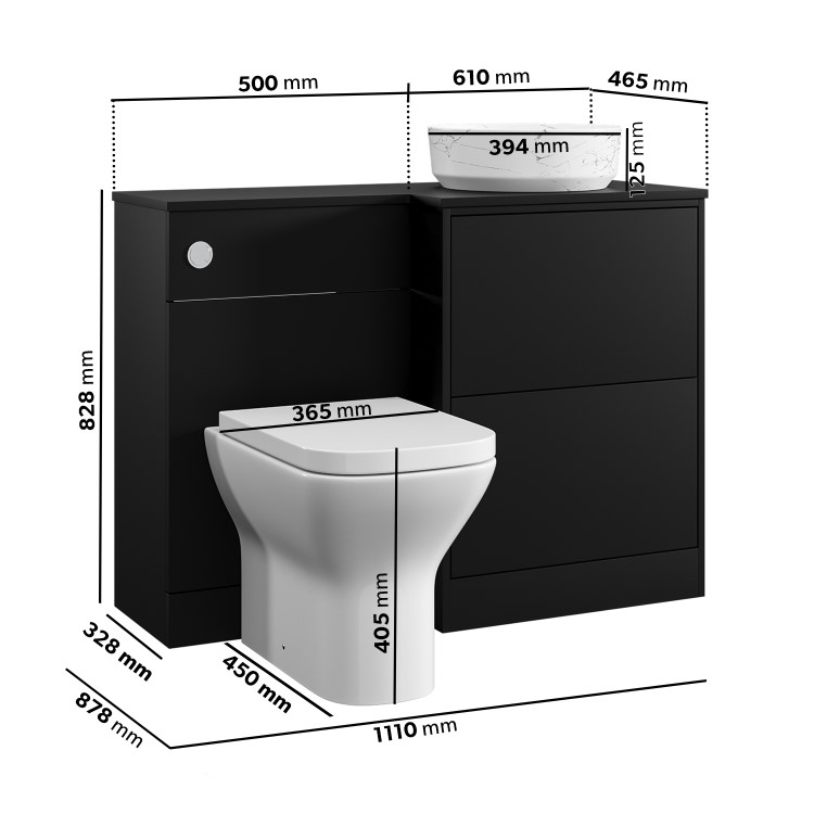 1100mm Black Right Hand Toilet and Sink Unit with Marble Countertop Basin and Chrome Push Button - Palma