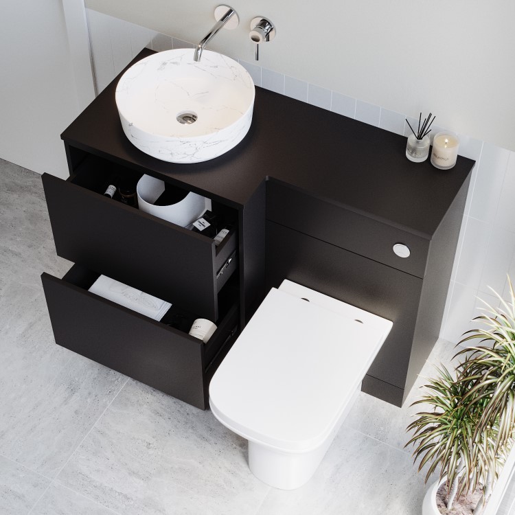 1100mm Black Left Hand Toilet and Sink Unit with Marble Countertop Basin and Chrome Fittings - Palma