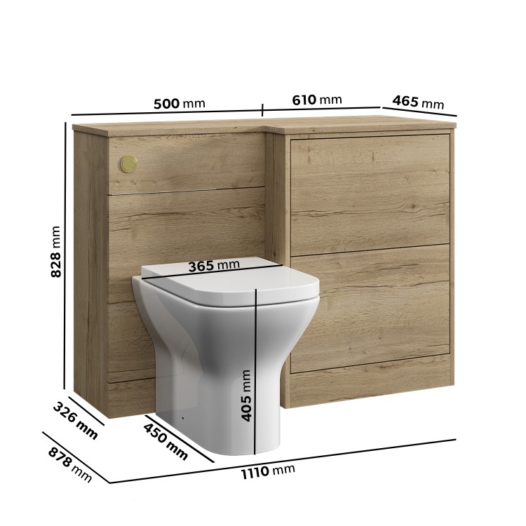 1100mm Wood Effect Toilet and Sink Unit Right Hand with Square Toilet and Brushed Brass Push Button - Palma