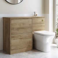 1100mm Wood Effect Left Hand Toilet and Sink Unit with Square Toilet and Brushed Brass Push Button- Palma