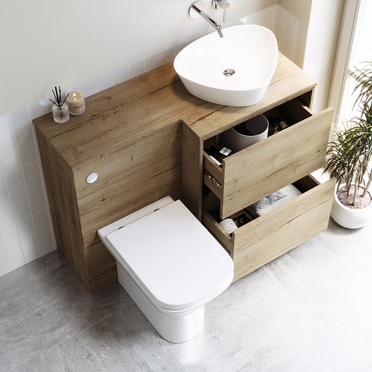 1100mm Wood Effect Right Hand Toilet and Sink Unit with Triangular Basin and Chrome Push Button - Palma