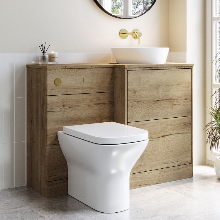 1100mm Wood Effect Right Hand Toilet and Sink Unit with Triangular Basin and Brushed Brass Push Button - Palma