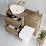 1100mm Wood Effect Left Hand Toilet and Sink Unit with Triangular Basin and Brushed Brass Push Button- Palma