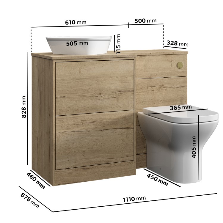 1100mm Wood Effect Left Hand Toilet and Sink Unit with Triangular Basin and Brushed Brass Push Button- Palma