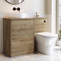 1100mm Wood Effect Left Hand Toilet and Sink Unit with Triangular Basin and Matt Black Push Button - Palma