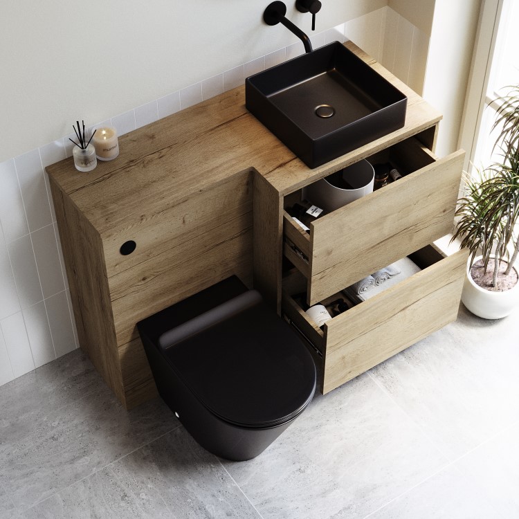 1100mm Wood Effect Toilet and Sink Unit Right Hand with Black Toilet Basin & Fittings - Palma