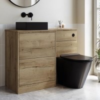 1100mm Wood Effect Toilet and Sink Unit Left Hand with Black Toilet Basin & Fittings - Palma