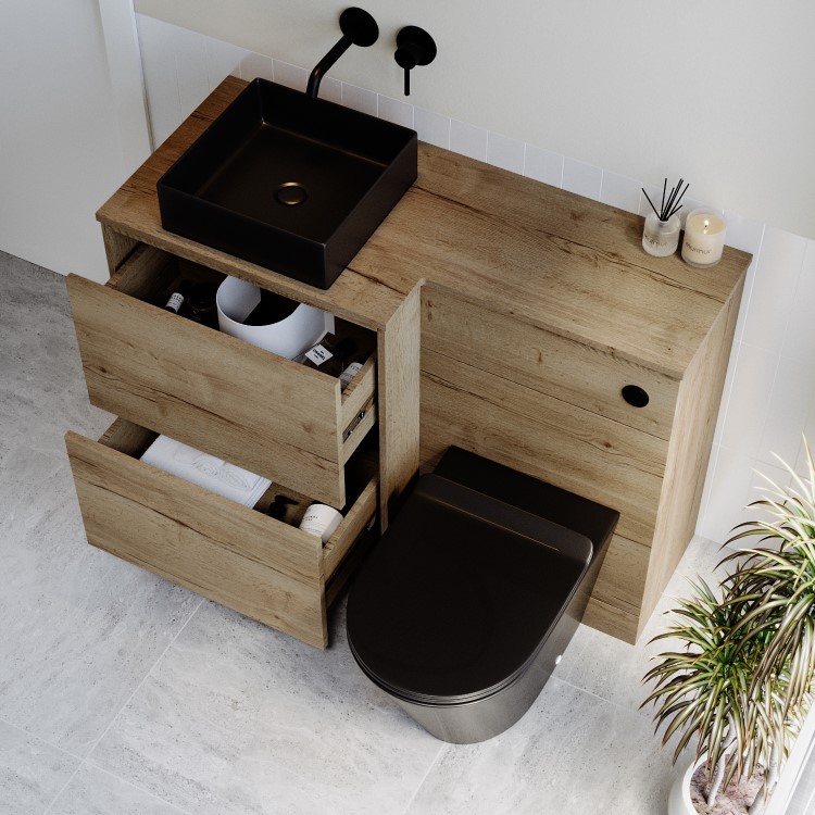 1100mm Wood Effect Toilet and Sink Unit Left Hand with Black Toilet Basin & Fittings - Palma