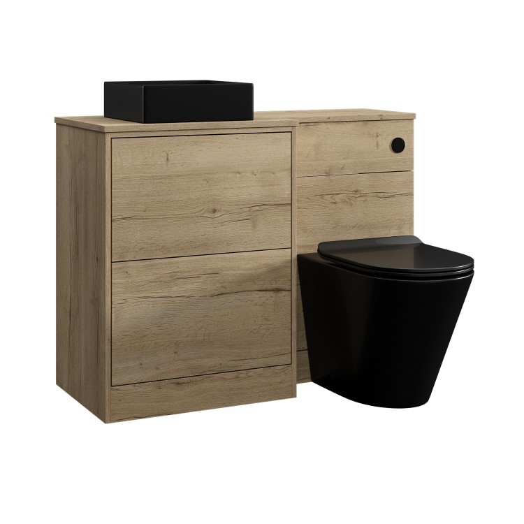 1100mm Wood Effect Toilet and Sink Unit Left Hand with Black Toilet Basin & Fittings - Palma