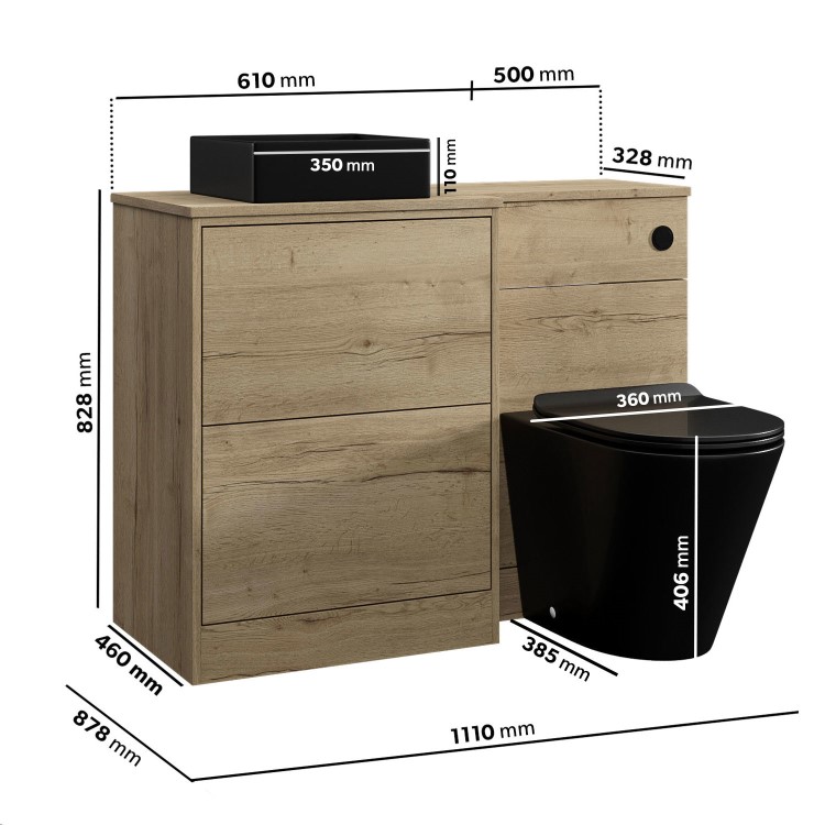 1100mm Wood Effect Toilet and Sink Unit Left Hand with Black Toilet Basin & Fittings - Palma