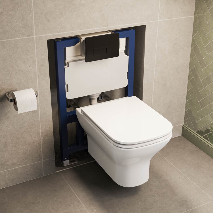 Palma Wall Hung Toilet 820mm Pneumatic Frame & Cistern & Matte Black Flush Plate