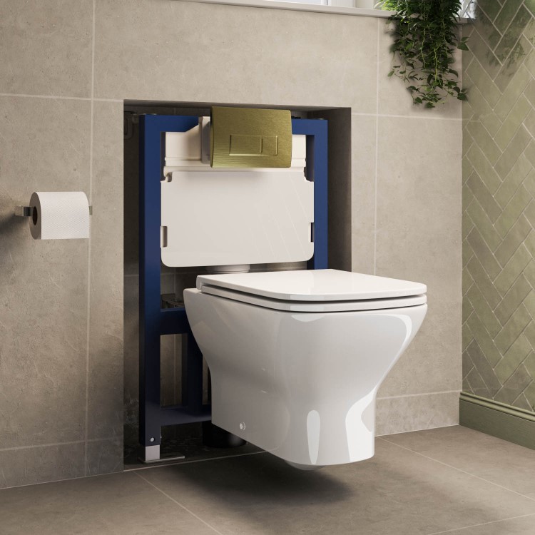 Palma Wall Hung Toilet 820mm Pneumatic Frame & Cistern & Brushed Brass Flush Plate