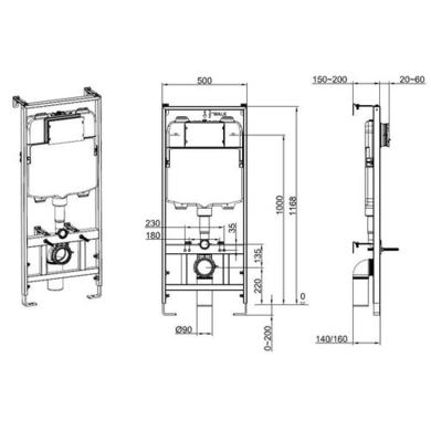 Concealed Cistern with 1170mm Wall Hung Toilet Frame and Matt Black Mechanical Flush Plate - Zana