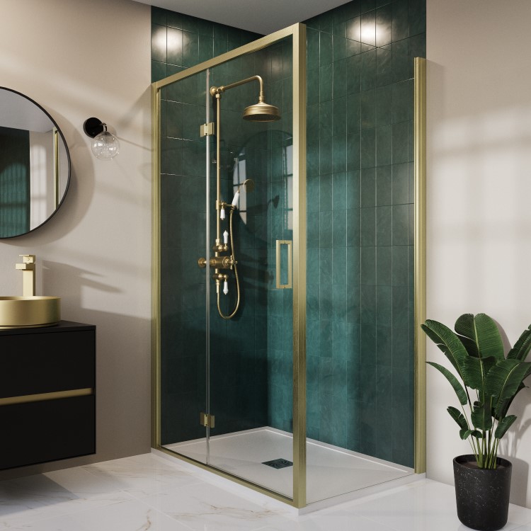 1200 x 800mm Brushed Brass Rectangular Hinged Shower Enclosure with Low Profile Shower Tray - Pavo