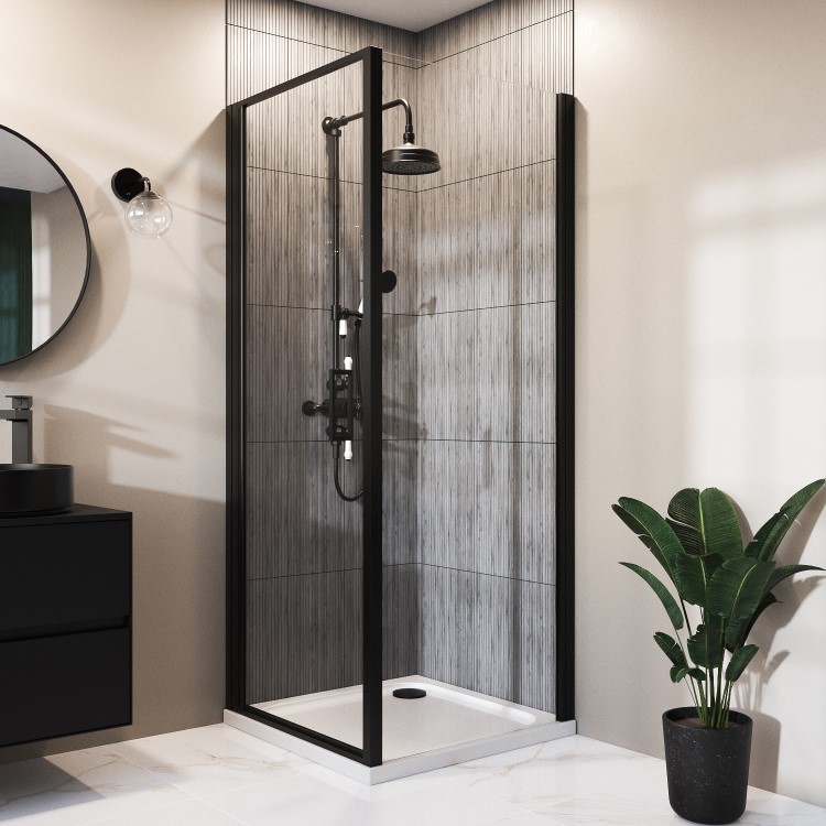 Black 8mm Glass Rectangular Hinged Shower Enclosure 900x700mm  - Pavo