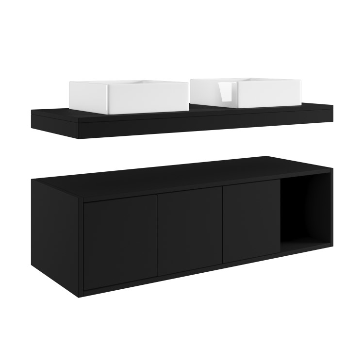 1200mm Black Wall Hung Countertop Double Vanity Unit with Rectangular Basins and Shelves - Porto