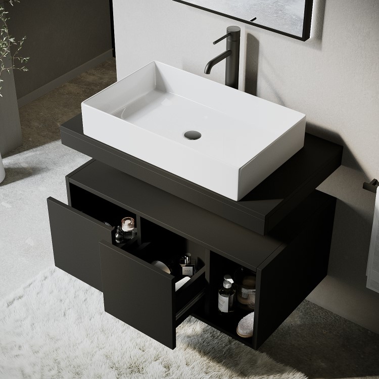 800mm Black Wall Hung Countertop Vanity Unit with Rectangular Basin and Shelves - Porto