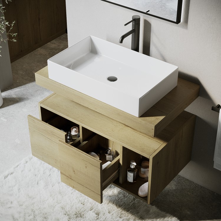 800mm Wood Effect Wall Hung Countertop Vanity Unit with Rectangular Basin and Shelf - Porto