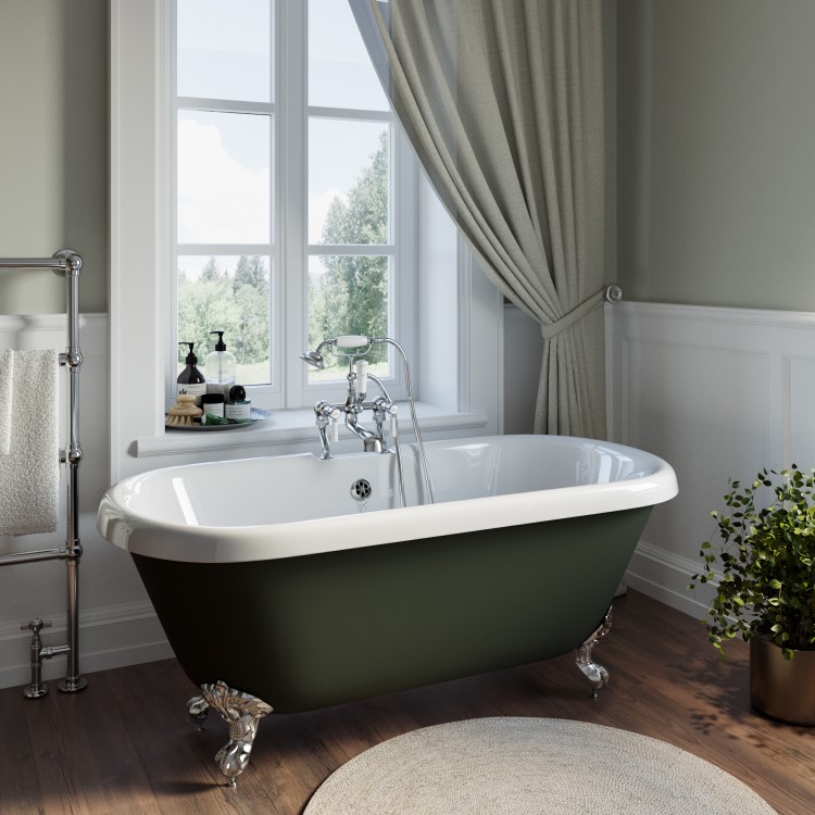 Freestanding Dark Green Double Ended Roll Top Bath with Chrome Feet 1515 x 740mm - Park Royal