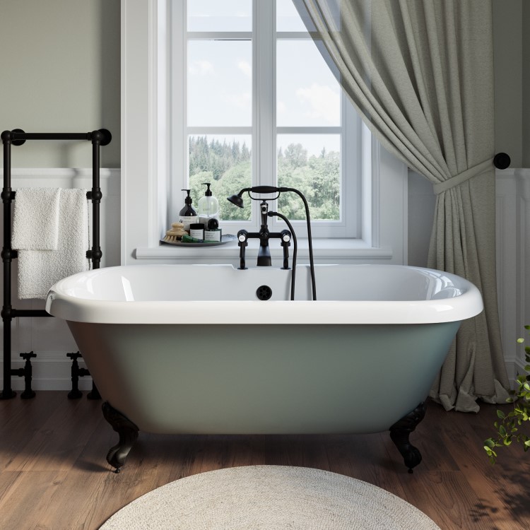 Freestanding Light Green Double Ended Roll Top Bath with Black Feet 1515 x 740mm - Park Royal