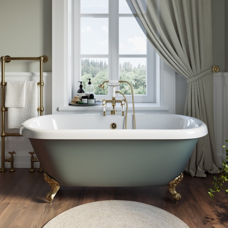 Freestanding Light Green Double Ended Roll Top Bath with Brass Feet 1515 x 740mm - Park Royal