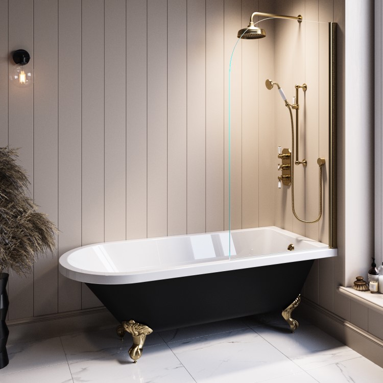 Black Freestanding Single Ended Shower Bath with Brushed Brass Screen & Feet 1670 x 740 mm - Park Royal