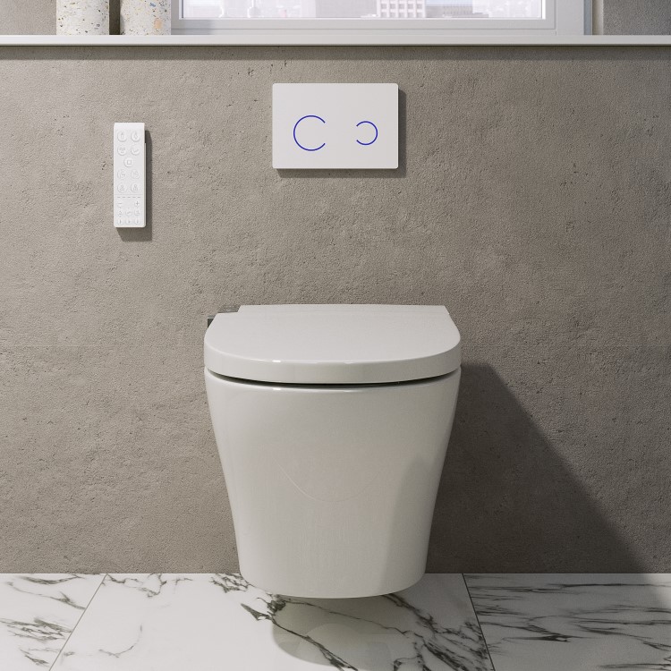 Wall Hung Smart Bidet Japanese Toilet with Heated Seat & 820mm Frame Cistern and White Sensor Flush Plate - Purificare