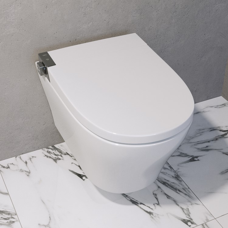 Wall Hung Smart Bidet Japanese Toilet with Heated Seat & 820mm Frame Cistern and White Sensor Flush Plate - Purificare