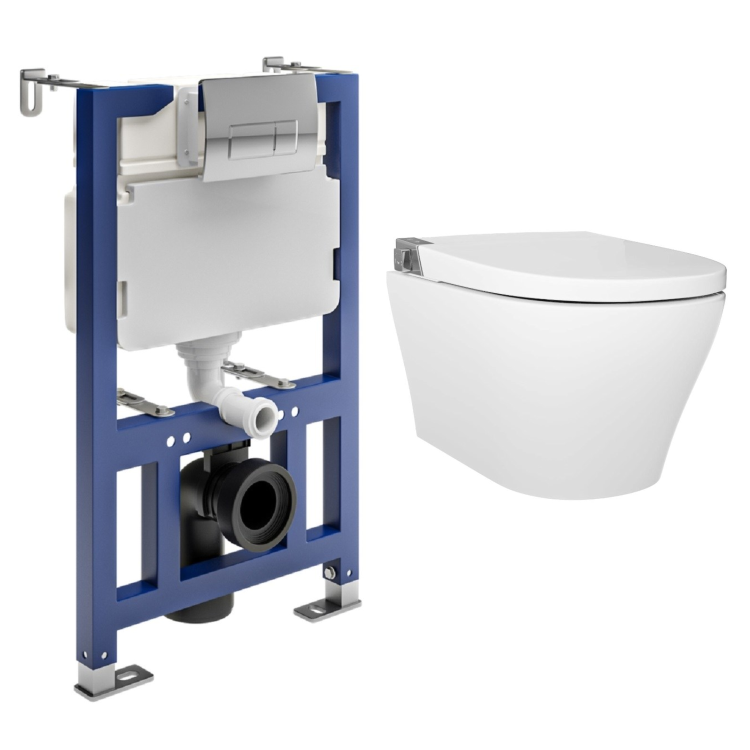 Wall Hung Smart Bidet Japanese Toilet with Heated Seat & 820mm Frame Cistern and Chrome Pneumatic Flush Plate - Purificare