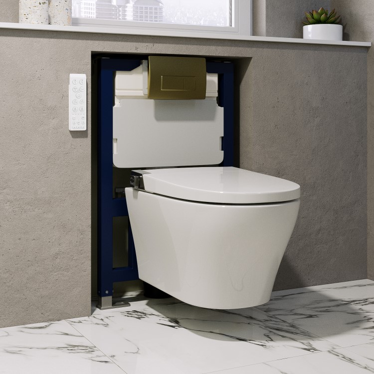 Wall Hung Smart Bidet Japanese Toilet with Heated Seat & 820mm Frame Cistern and Brass Pneumatic Flush Plate - Purificare