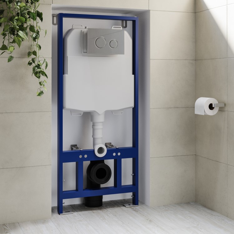 Concealed Cistern with 1170mm Wall Hung Toilet Frame and Chrome Mechanical Flush Plate - Zana