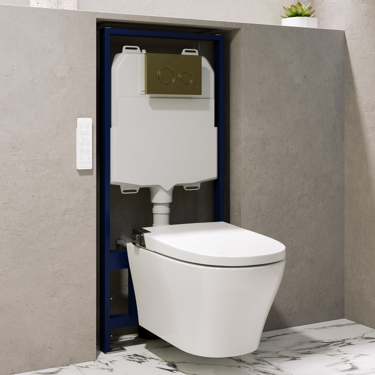 Wall Hung Smart Bidet Japanese Toilet with Heated Seat & 1160mm Frame Cistern and Brass Pneumatic Flush Plate - Purificare