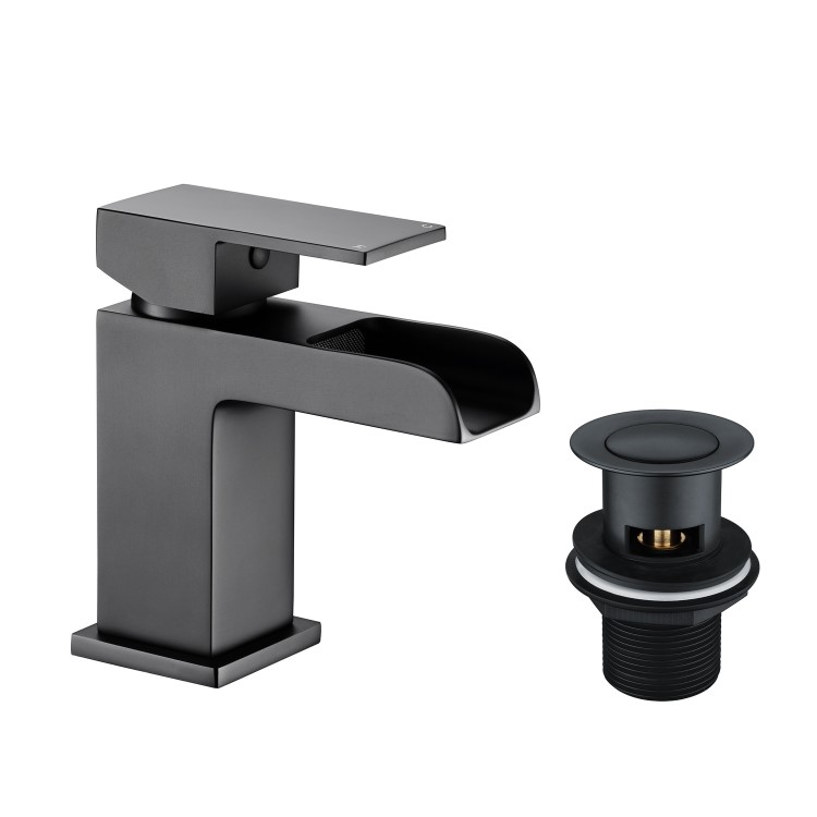 Black Waterfall Bath and Basin Tap Set with Basin Waste - Quadra