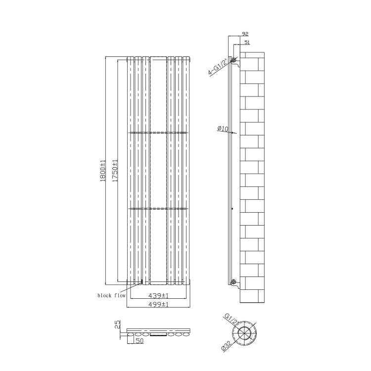 Anthracite Vertical Mirrored Radiator Living Room - 1800 x 499mm