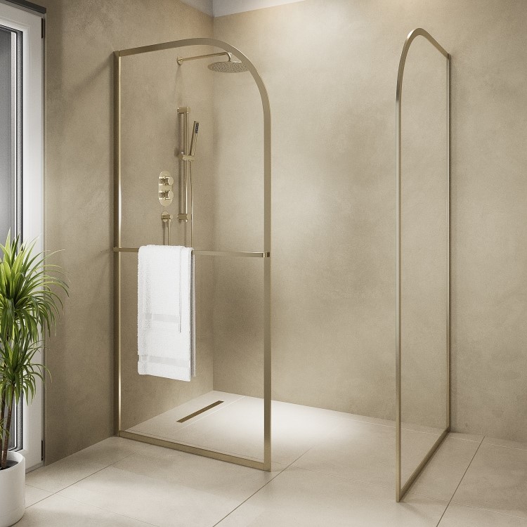 1600x800mm Wet Room Shower Screen Enclosure Brushed Brass Curved with Towel Rail- Raya