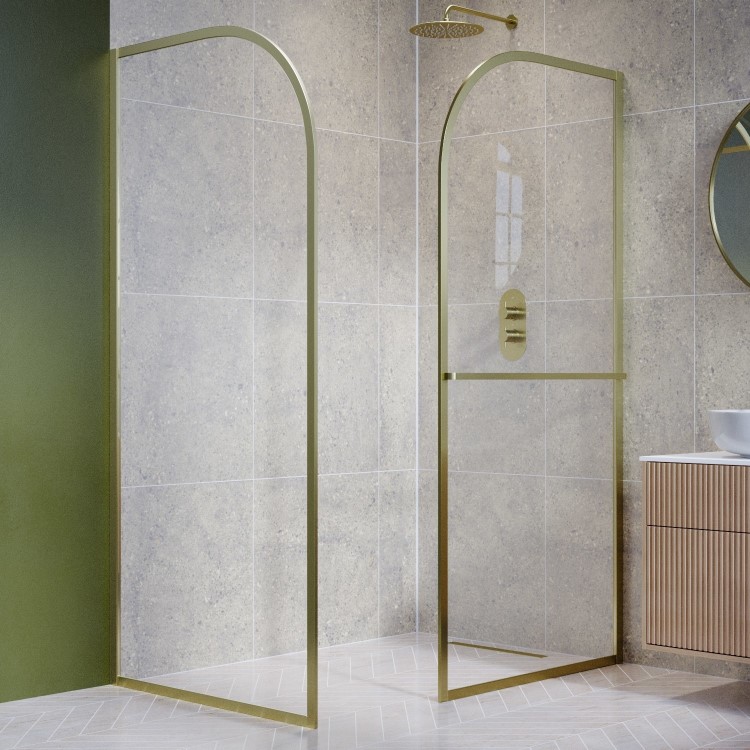 1600x800mm Wet Room Shower Screen Enclosure Brushed Brass Curved with Towel Rail- Raya