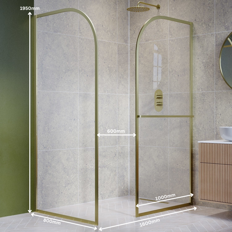 1600x800mm Wet Room Shower Screen Enclosure Brushed Brass Curved with Towel Rail- Raya