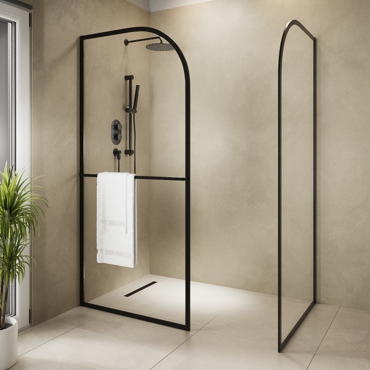 1600x800mm Brushed Brass Curved Glass Wet Room Shower Screen Enclosure with Towel Rail- Raya