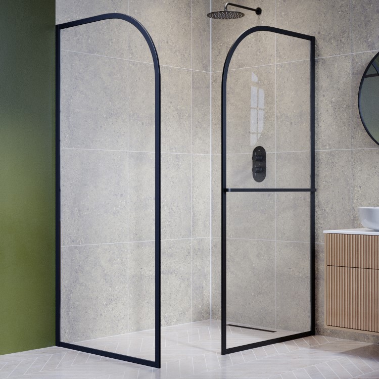 1600x800mm Wet Room Shower Screen Enclosure Black Curved with Towel Rail - Raya