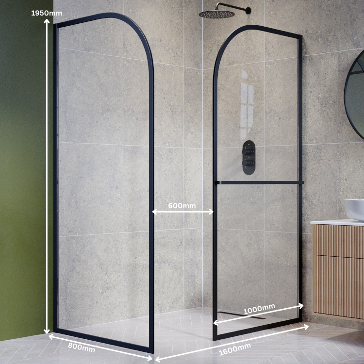 1600x800mm Wet Room Shower Screen Enclosure Black Curved with Towel Rail - Raya