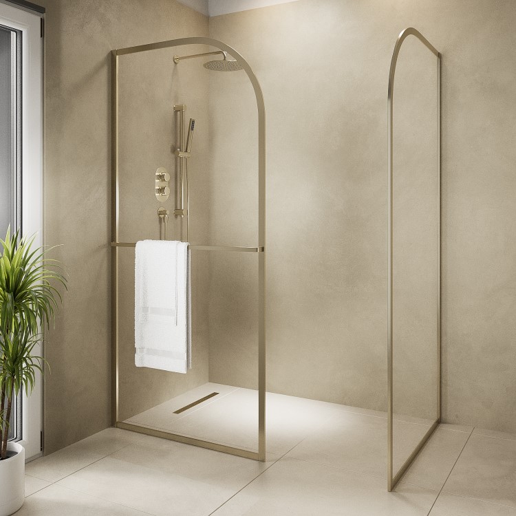 1400x800mm Wet Room Shower Screen Enclosure Brushed Brass Curved with Towel Rail - Raya