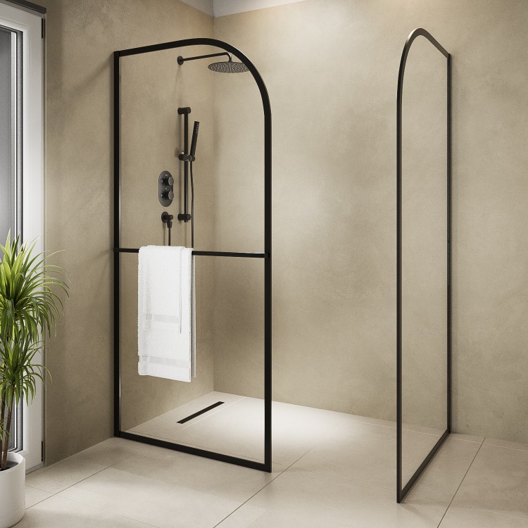 1400x800mm Wet Room Shower Screen Enclosure Black Curved with Towel Rail- Raya