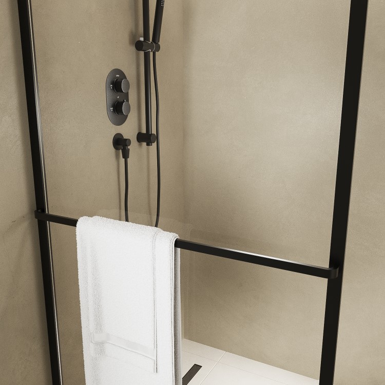 1400x800mm Wet Room Shower Screen Enclosure Black Curved with Towel Rail- Raya