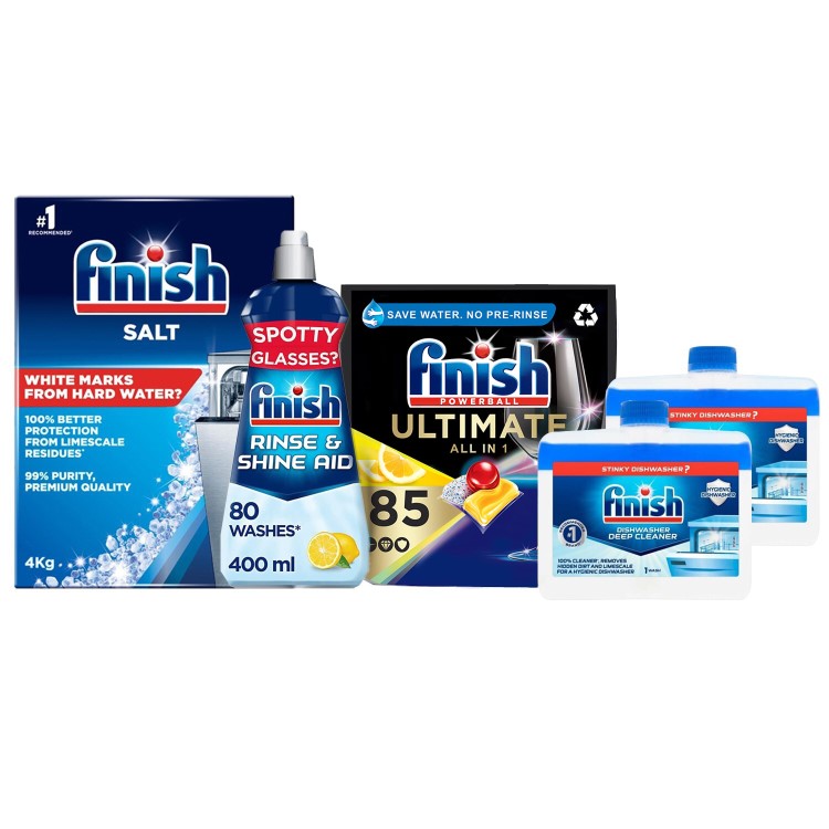 Finish Dishwasher Tablets x85 Rinse & Shine Aid 400ml Salt 4kg And Limescale Cleaner Bundle