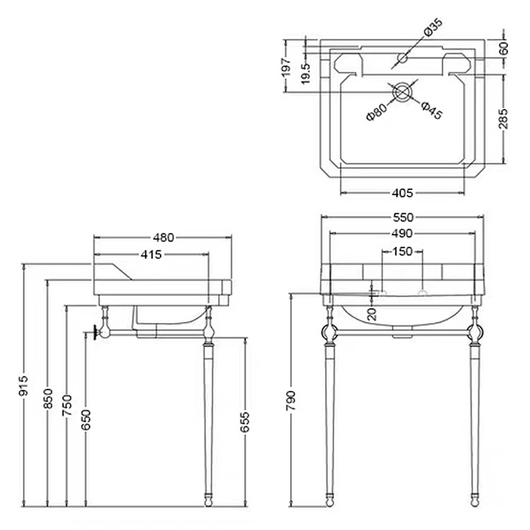 Traditional 1 Tap Hole Basin with Chrome Wash Stand 570mm - Ripley