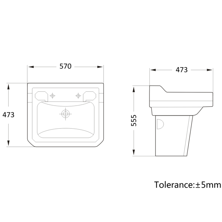 Traditional Semi Pedestal 2 Tap Hole Basin 570mm - Ripley