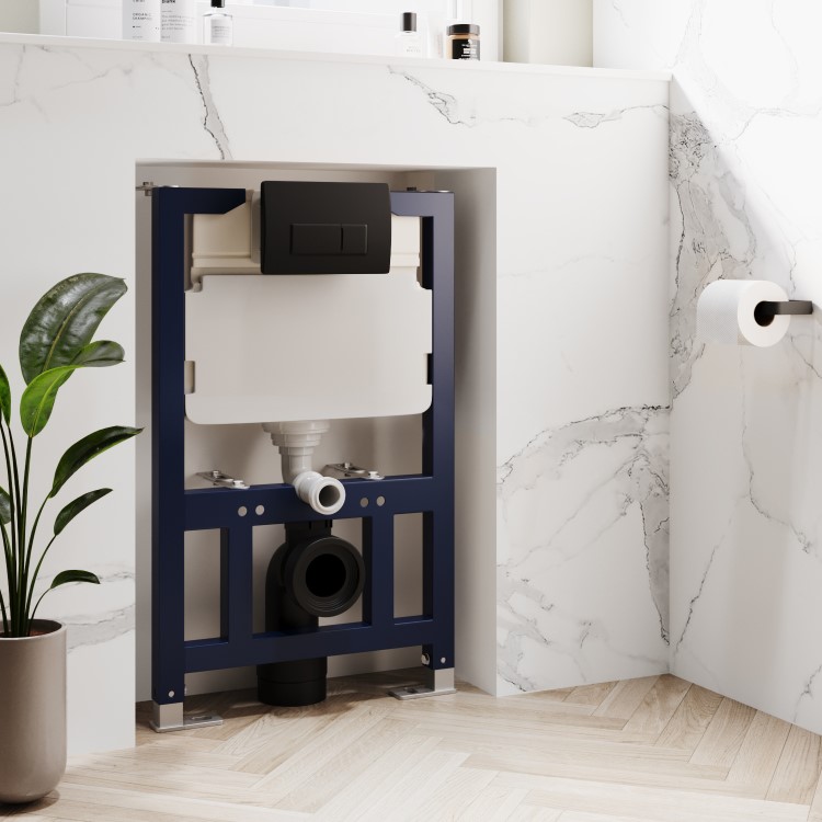 White Wall Hung Toilet with Soft Close Seat, Black Pneumatic Flush Plate, 820mm Frame & Cistern - Roma