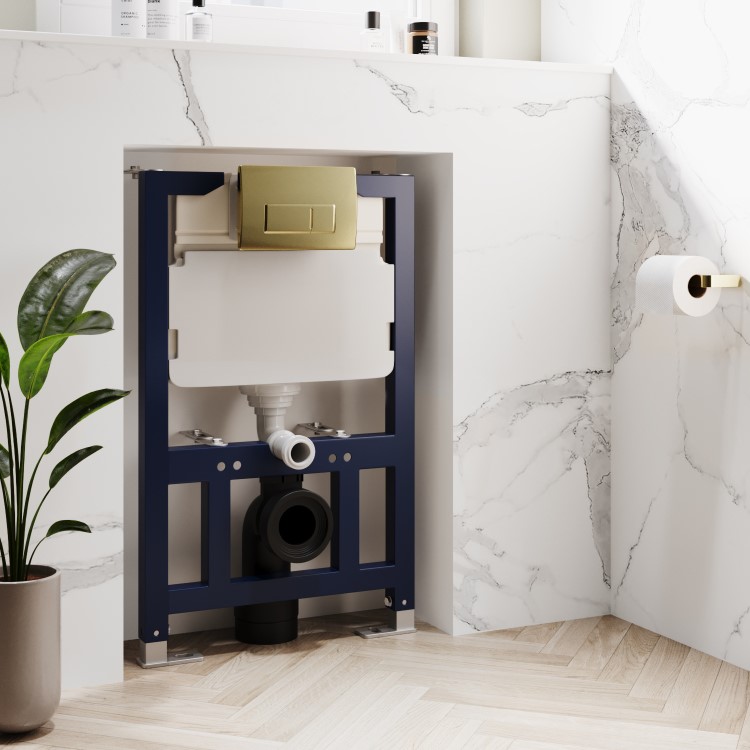 White Wall Hung Toilet with Soft Close Seat, Brushed Brass Pneumatic Flush Plate, 820mm Frame & Cistern - Roma