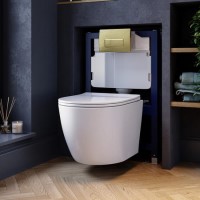 White Wall Hung Toilet with Soft Close Seat, Brushed Brass Pneumatic Flush Plate, 820mm Frame & Cistern - Roma